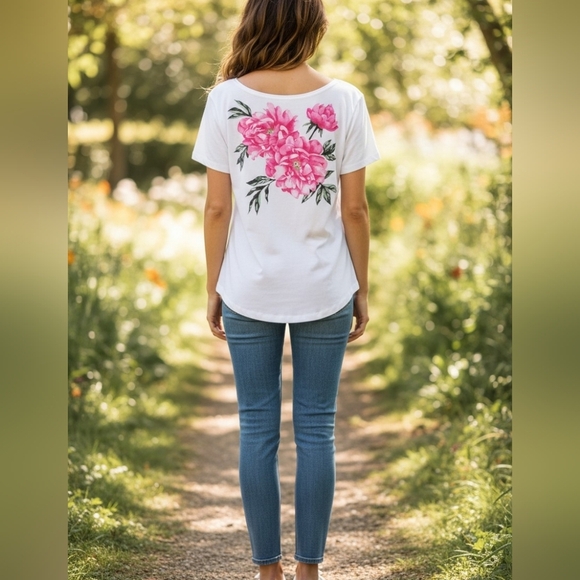 Unbranded Tops - Women's Unbranded White Short Sleeve Tee with Pink Floral Print M